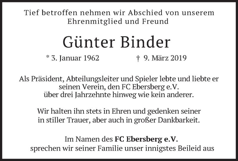  Traueranzeige für Günter Binder vom 14.03.2019 aus merkurtz