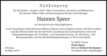 Traueranzeige von Hannes Speer von merkurtz