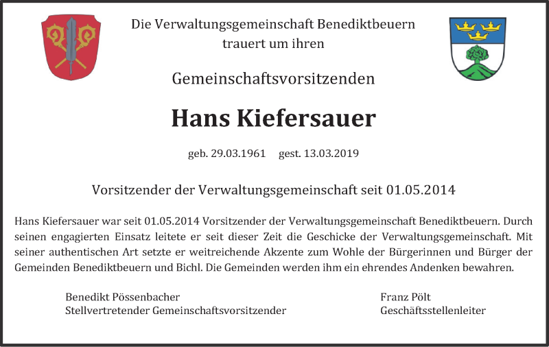  Traueranzeige für Hans Kiefersauer vom 18.03.2019 aus merkurtz