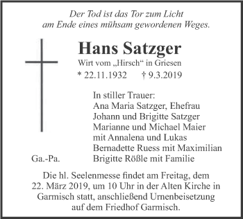 Traueranzeige von Hans Satzger von merkurtz