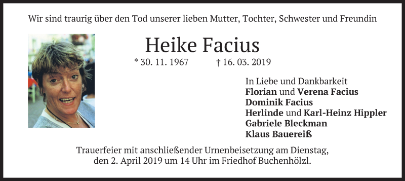  Traueranzeige für Heike Facius vom 30.03.2019 aus merkurtz