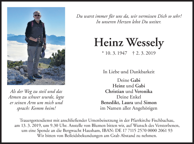  Traueranzeige für Heinz Wessely vom 09.03.2019 aus merkurtz