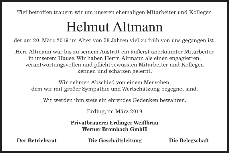  Traueranzeige für Helmut Altmann vom 28.03.2019 aus merkurtz