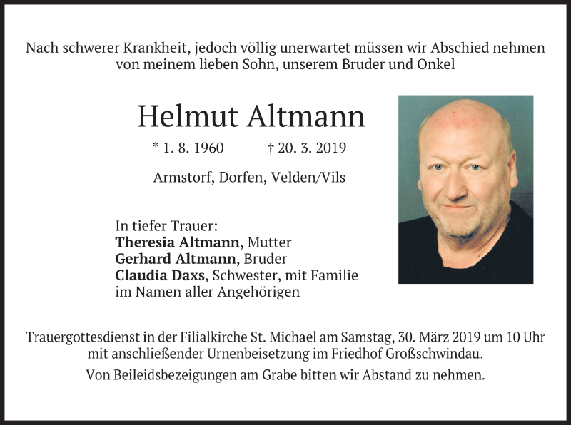  Traueranzeige für Helmut Altmann vom 27.03.2019 aus merkurtz