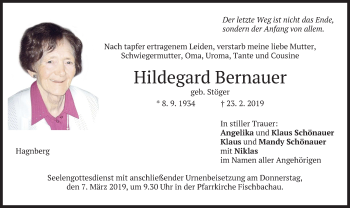 Traueranzeige von Hildegard Bernauer von merkurtz