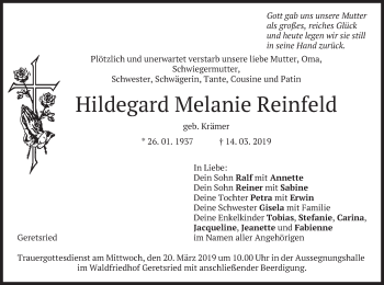 Traueranzeige von Hildegard Melanie Reinfeld von merkurtz