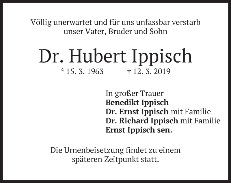  Traueranzeige für Hubert Ippisch vom 19.03.2019 aus merkurtz