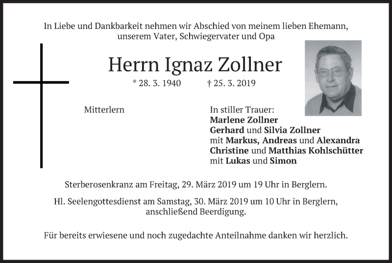  Traueranzeige für Ignaz Zollner vom 28.03.2019 aus merkurtz