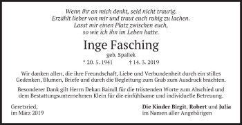 Traueranzeige von Inge Fasching von merkurtz