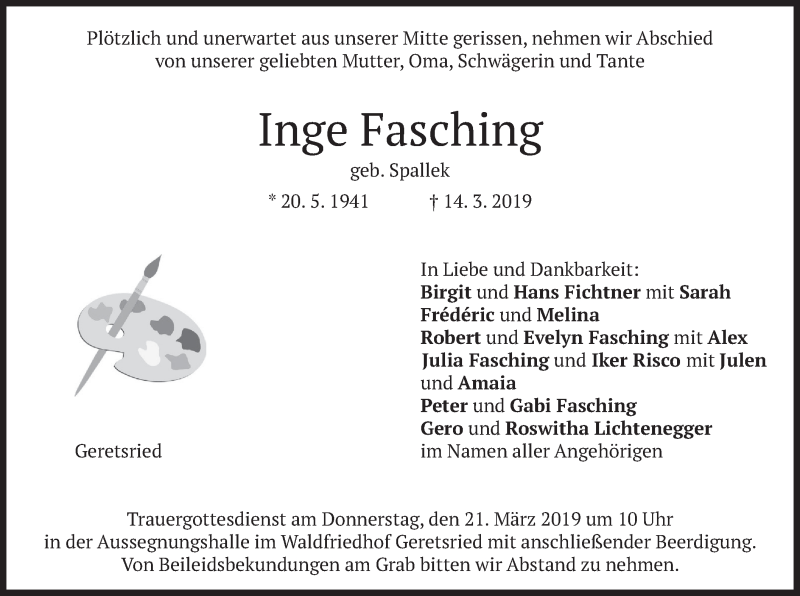  Traueranzeige für Inge Fasching vom 18.03.2019 aus merkurtz