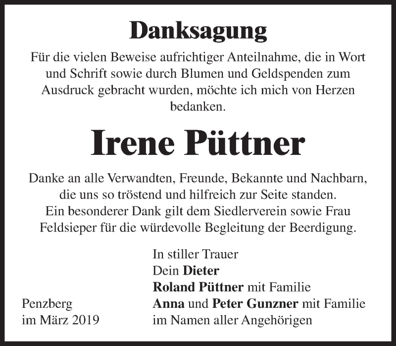  Traueranzeige für Irene Püttner vom 16.03.2019 aus Das Gelbe Blatt Penzberg