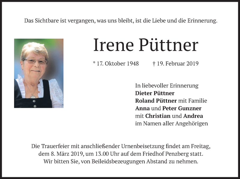  Traueranzeige für Irene Püttner vom 02.03.2019 aus merkurtz