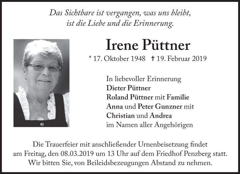  Traueranzeige für Irene Püttner vom 02.03.2019 aus Das Gelbe Blatt Penzberg