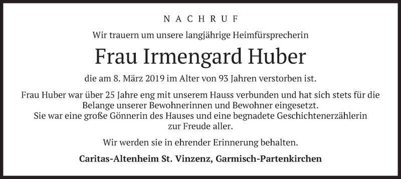  Traueranzeige für Irmengard Huber vom 20.03.2019 aus merkurtz