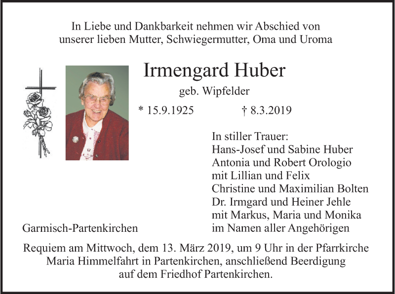  Traueranzeige für Irmengard Huber vom 11.03.2019 aus merkurtz