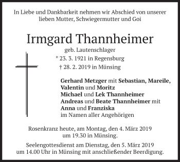 Traueranzeige von Irmgard Thannheimer von merkurtz