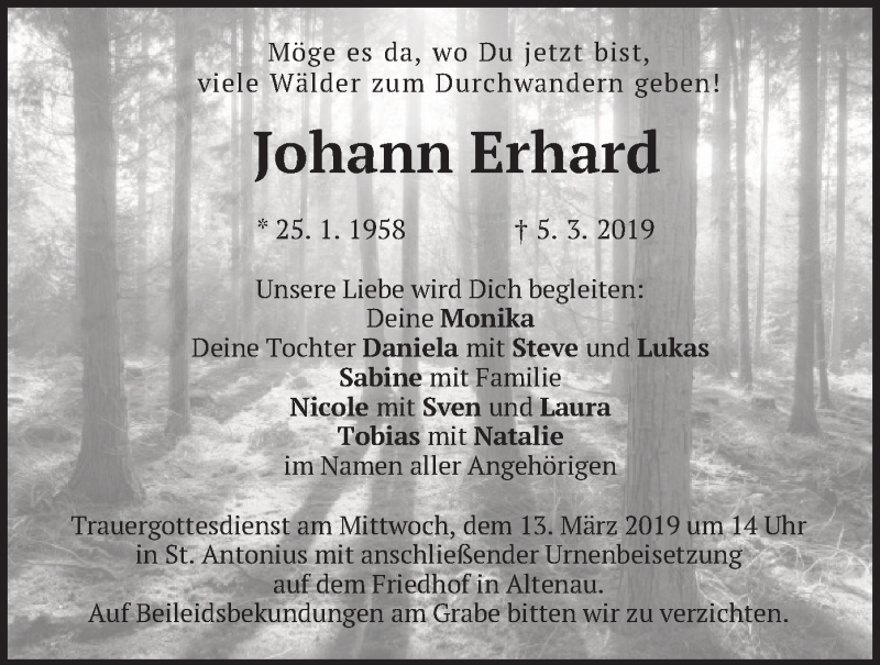  Traueranzeige für Johann Erhard vom 11.03.2019 aus merkurtz