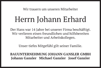 Traueranzeige von Johann Erhard von merkurtz