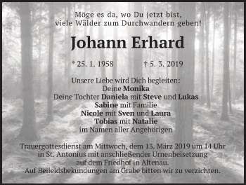 Traueranzeige von Johann Erhard von merkurtz