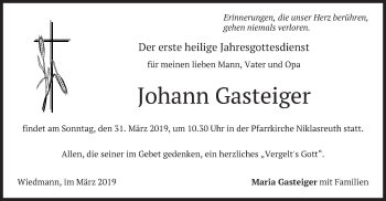 Traueranzeige von Johann Gasteiger von merkurtz