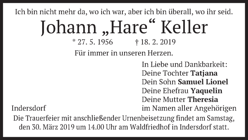  Traueranzeige für Johann Hare Keller vom 23.03.2019 aus merkurtz