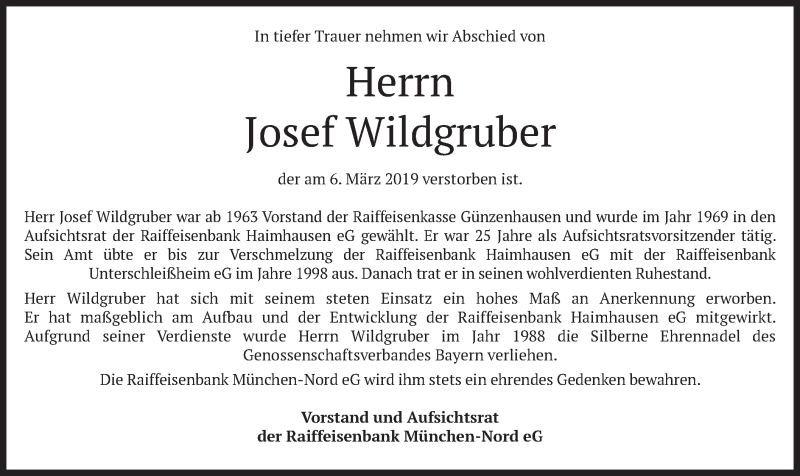  Traueranzeige für Josef Wildgruber vom 09.03.2019 aus merkurtz