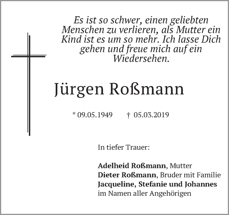  Traueranzeige für Jürgen Roßmann vom 11.03.2019 aus merkurtz