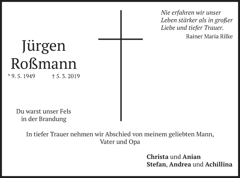  Traueranzeige für Jürgen Roßmann vom 07.03.2019 aus merkurtz