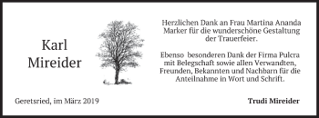 Traueranzeige von Karl Mireider von merkurtz