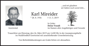 Traueranzeige von Karl Mireider von merkurtz