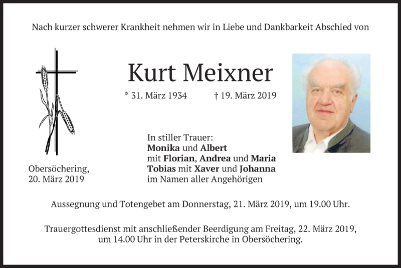  Traueranzeige für Kurt Meixner vom 20.03.2019 aus merkurtz