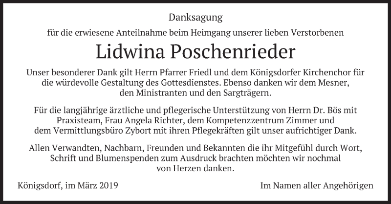  Traueranzeige für Lidwina Poschenrieder vom 09.03.2019 aus merkurtz
