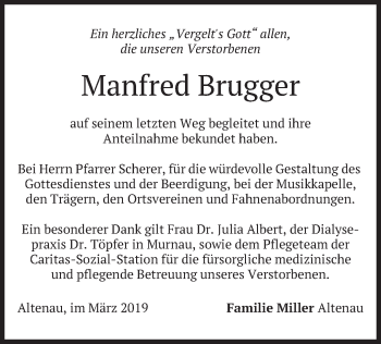 Traueranzeige von Manfred Brugger von merkurtz