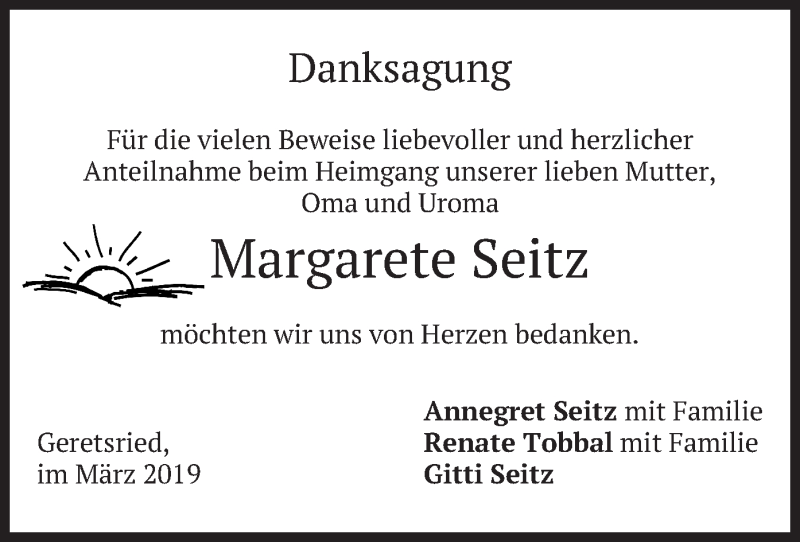  Traueranzeige für Margarete Seitz vom 14.03.2019 aus merkurtz