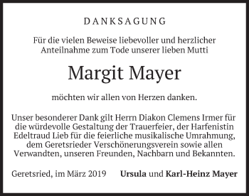 Traueranzeige von Margit Mayer von merkurtz