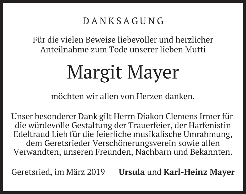  Traueranzeige für Margit Mayer vom 30.03.2019 aus merkurtz