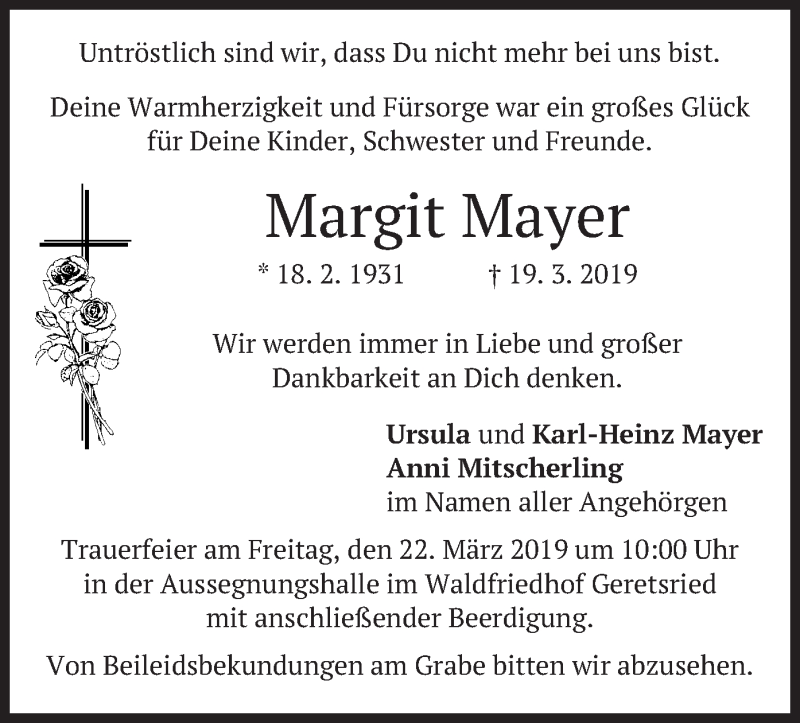  Traueranzeige für Margit Mayer vom 21.03.2019 aus merkurtz