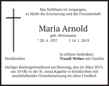 Traueranzeige von Maria Arnold von merkurtz