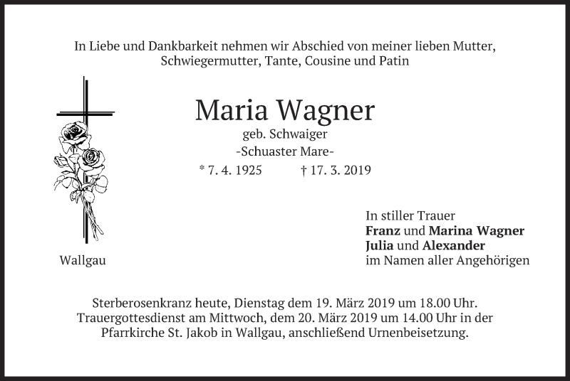  Traueranzeige für Maria Wagner vom 19.03.2019 aus merkurtz