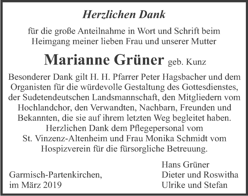  Traueranzeige für Marianne Grüner vom 30.03.2019 aus merkurtz