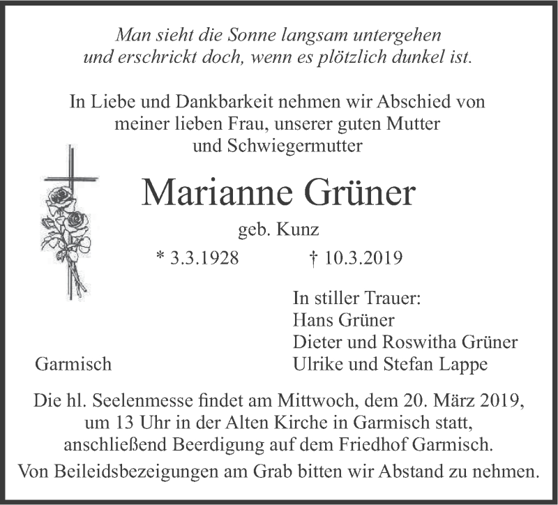  Traueranzeige für Marianne Grüner vom 16.03.2019 aus merkurtz
