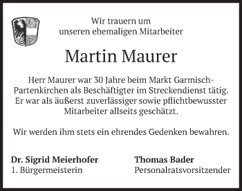 Traueranzeige von Martin Maurer von merkurtz