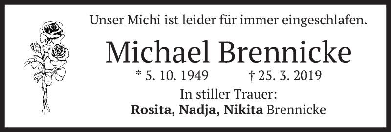  Traueranzeige für Michael Brennicke vom 30.03.2019 aus merkurtz