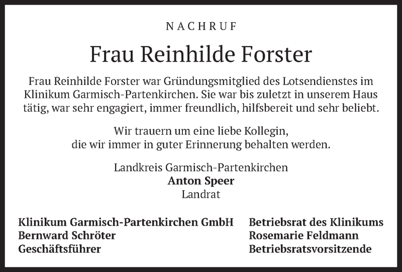  Traueranzeige für Reinhilde Forster vom 14.03.2019 aus merkurtz