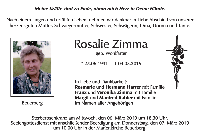  Traueranzeige für Rosalie Zimma vom 05.03.2019 aus merkurtz