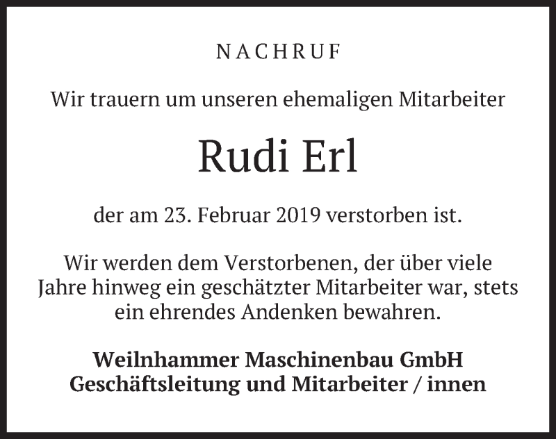  Traueranzeige für Rudi Erl vom 09.03.2019 aus merkurtz