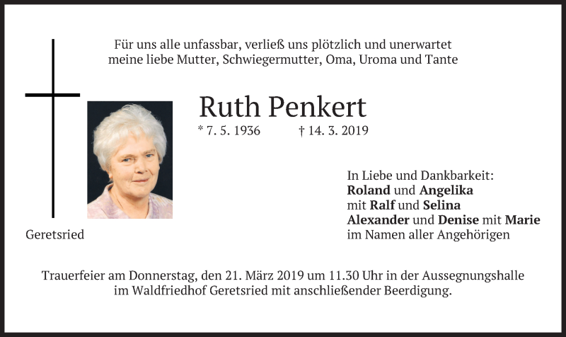  Traueranzeige für Ruth Penkert vom 19.03.2019 aus merkurtz