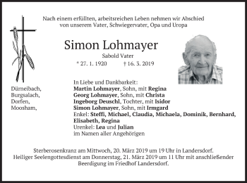 Traueranzeige von Simon Lohmayer von merkurtz