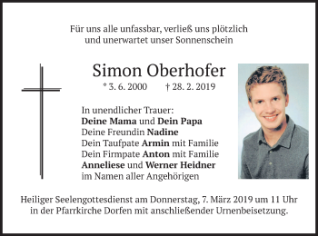 Traueranzeige von Simon Oberhofer von merkurtz