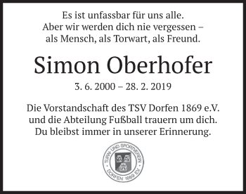 Traueranzeige von Simon Oberhofer von merkurtz